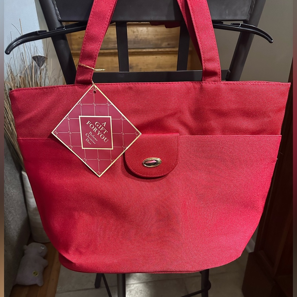 VTG Christian Dior Parfums Large Travel Tote Shopping Handbag Vintage Red